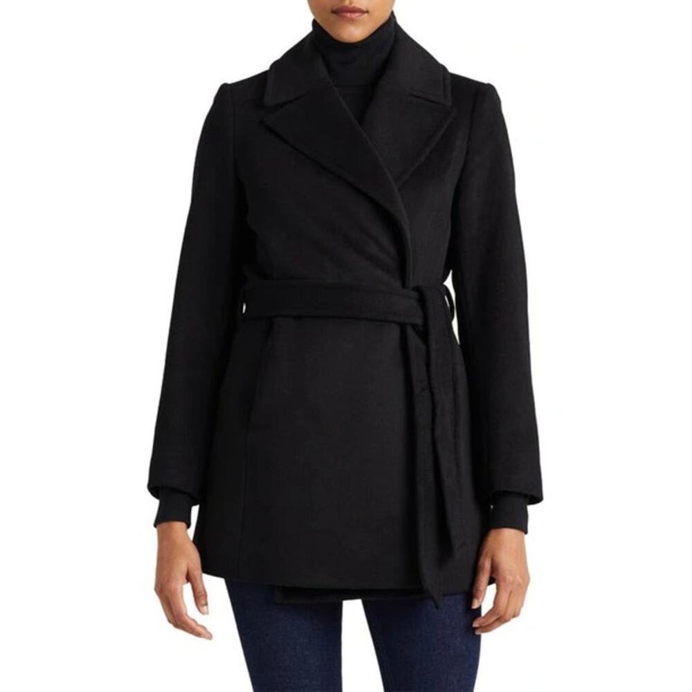NWOT Lauren Ralph Lauren Wool Blend Black Belted Coat Size 2 - Picture 2 of 3